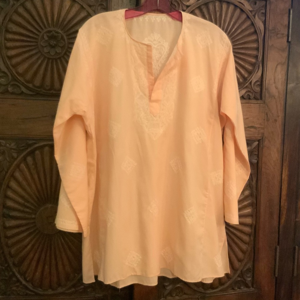 New Peach Boho Embroidered Cotton Top from India